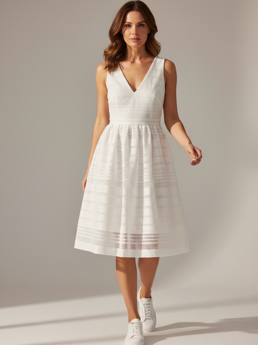 Kate Spade White Ribbon Organza V-Neck Sleeveless Fit & Flare Knee Length Dress
